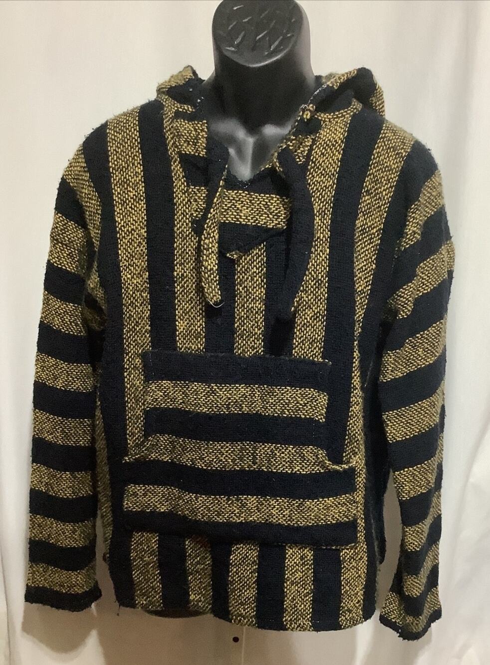 Vintage Artesanias Vega Baja Hoodie Sweatshirt Mens L Black Gold Mexican Woven